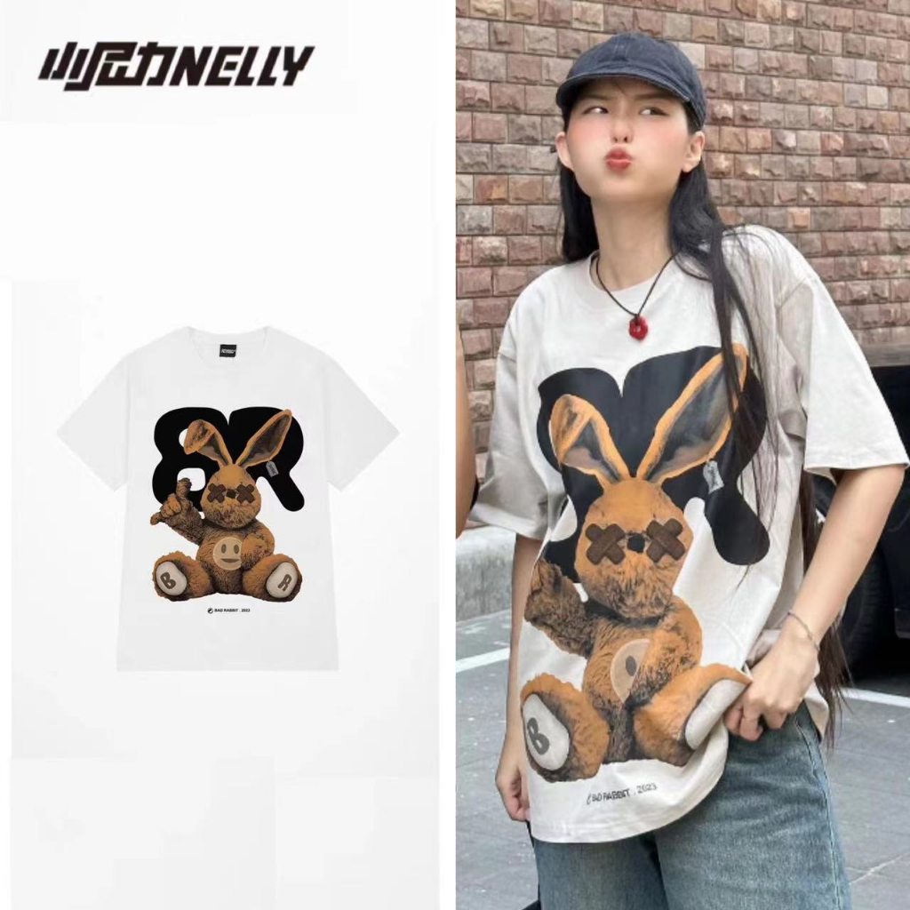 NELLY Áo Thun Cotton Tay Ngắn Dáng Rộng In Hình THỏ Thời Trang Unisex Cho Nam Và Nữ
