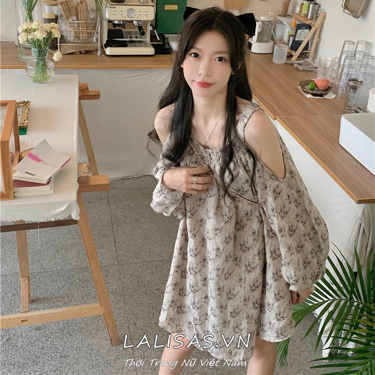 Lalisas Đầm Dài Tay Trễ Vai Dáng Rộng Họa Tiết Hoa Đơn Giản Phong Cách Pháp Cho Nữ