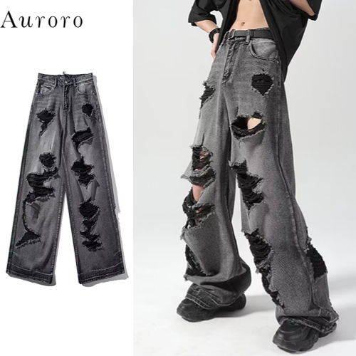 Quần jean ống rộng hiphop thời trang quần jean ống rộng nam street style unisex quần baggy rách phong cách Hàn Quốc quần jean nam đen rách gối