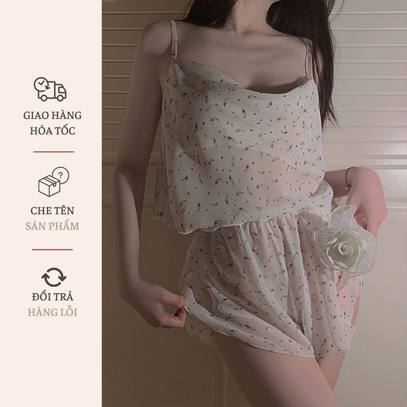 Bộ Đồ Ngủ Tay Ngắn Phối Ren Dễ Thương Dành Cho Nữ Đồ mặc ngủ hóa trang gợi cảm bằng voan phối viền nhúm bèo và ren gợi cảm cho nữ
