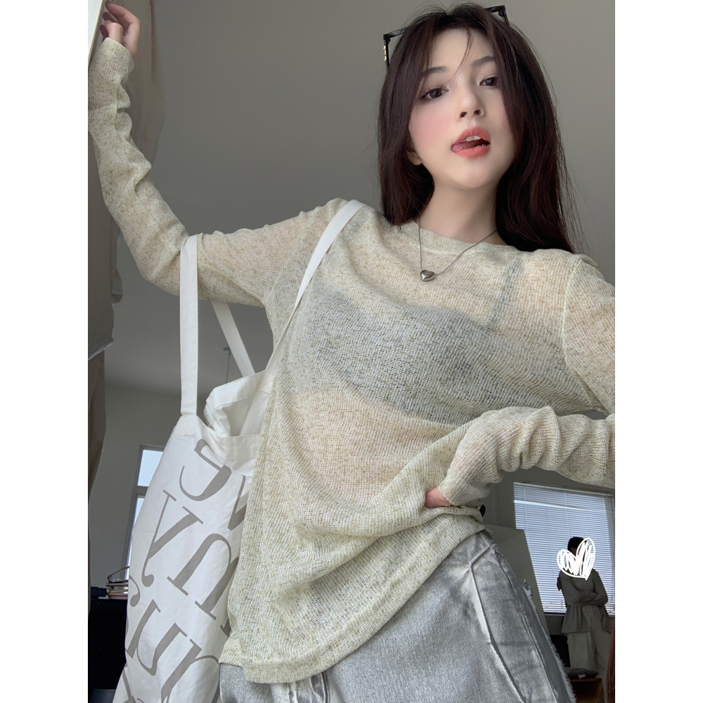 NUZIRO Áo Thun Dệt Kim Mỏng Tay Dài Cổ Tròn Dáng Rộng Thời Trang Retro Hàn Quốc Cho Nữ