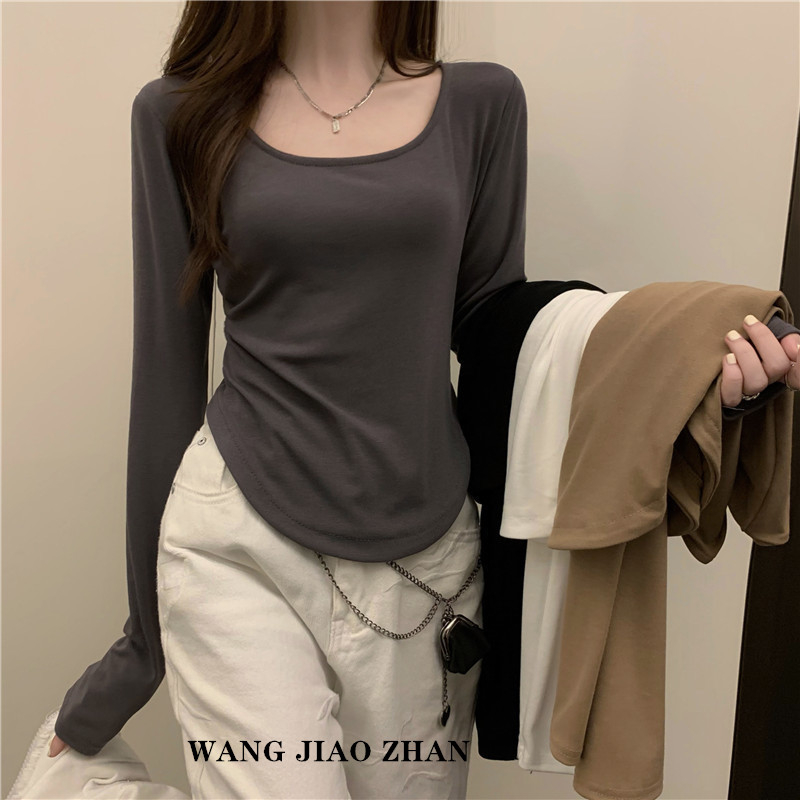 WANG JIAO ZHAN Áo thun dài tay dáng ôm vừa vặn và thiết kế bất đối xứng, trang phục nữ thời trang crop top