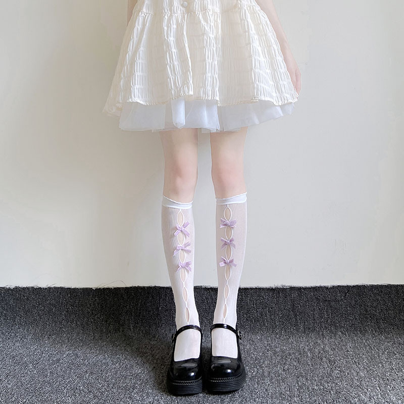 FHYL Vớ Ống Mỏng Cổ Vừa Đính Nơ Phong Cách Lolita Hàn Quốc Tối Giản Thoáng Khí Đa Năng Cho Nữ