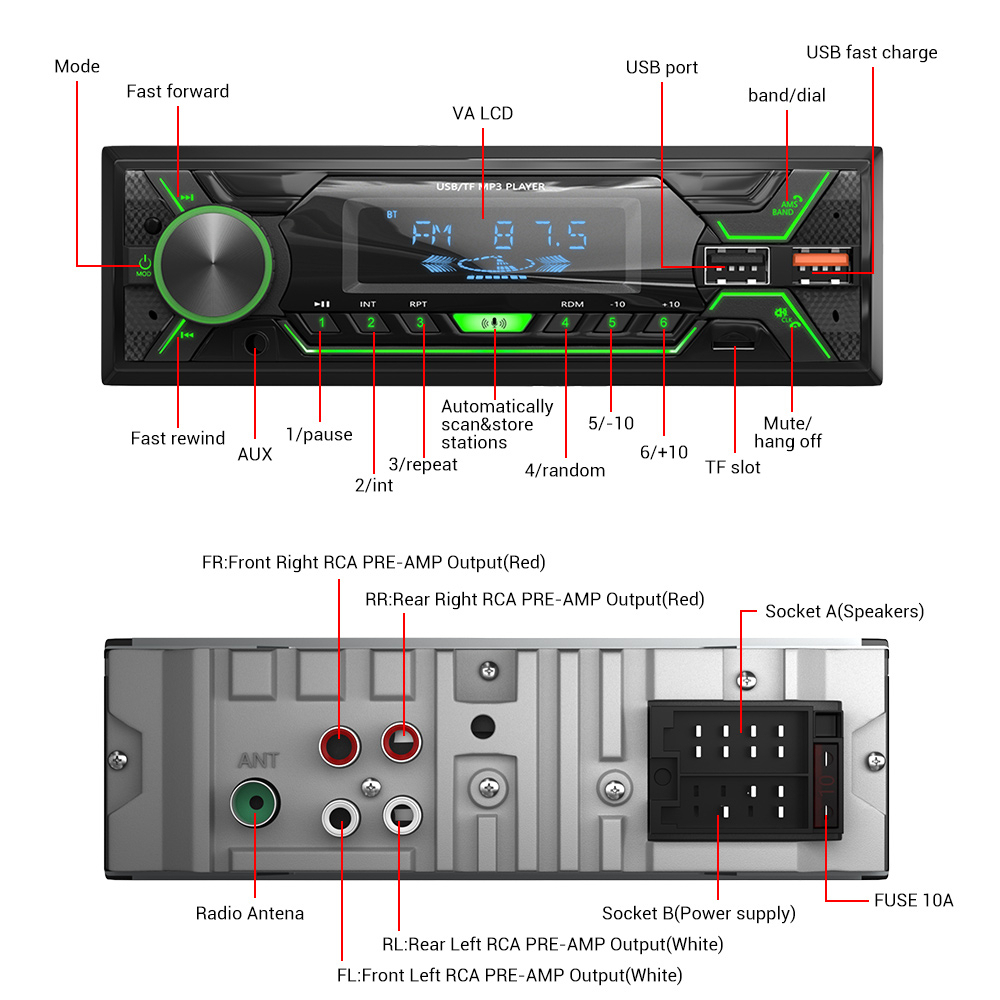Máy Nghe Nhạc MP3 1 Din Bluetooth 7 Màu Đèn 720S Gắn Vô Lăng Xe Hơi