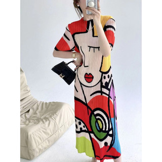 Miyake Xếp Ly Đầm Phong Cách Mới Giảm Tuổi Phong Cách Phương Tây Nhìn Trẻ Trung Tính Khí Thường In Hình Plus Size Nữ Trung Dài