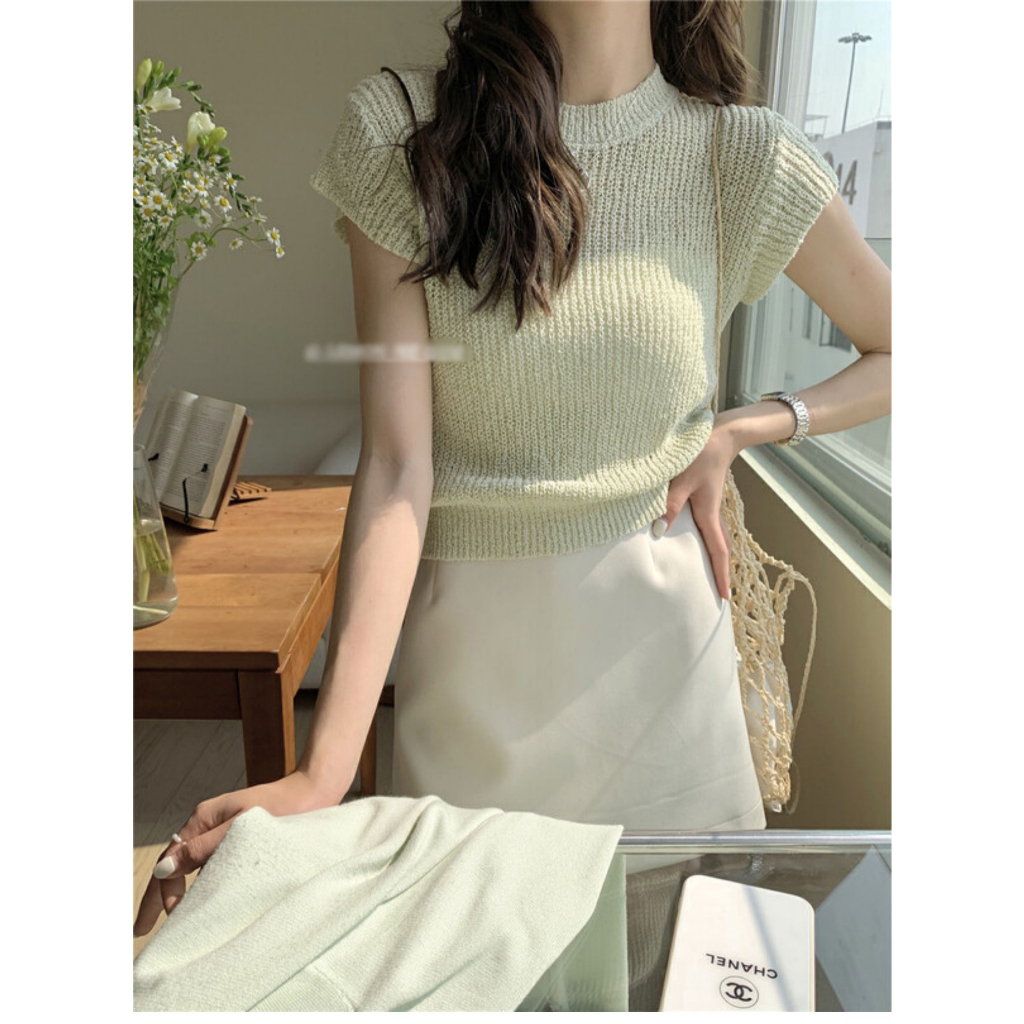 Áo thun dệt kim ngắn tay cổ tròn thời trang Hàn Quốc dành cho nữ Áo ngắn dáng rộng