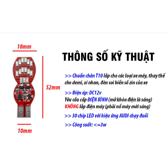 Đèn LED T10 30SMD 3014 Thay Thế Cho demi, xi nh DC12v