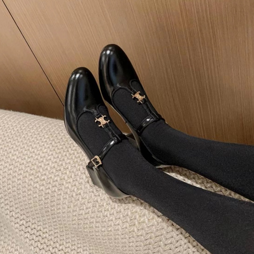 Giày Cao Gót Mary Jane 2023 Mũi Nhọn Bằng Da Đế Dày Tăng Chiều Cao 5CM Phong Cách Hàn Quốc