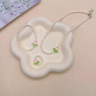 Bộ trang sức vòng cổ / nhẫn / vòng tay chuỗi hạt hoa tulip kiểu vintage đơn giản