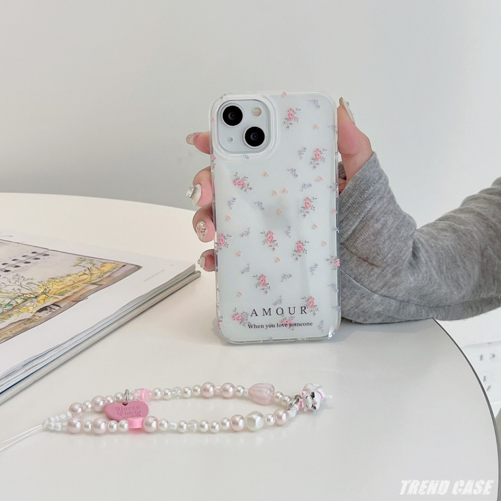 Ốp Điện Thoại Acrylic Mềm Bo Viền Hình Hoa Màu Hồng Gắn Dây Đeo Cổ Tay Chống Sốc Cho iPhone 14 13 12 11 Pro Max