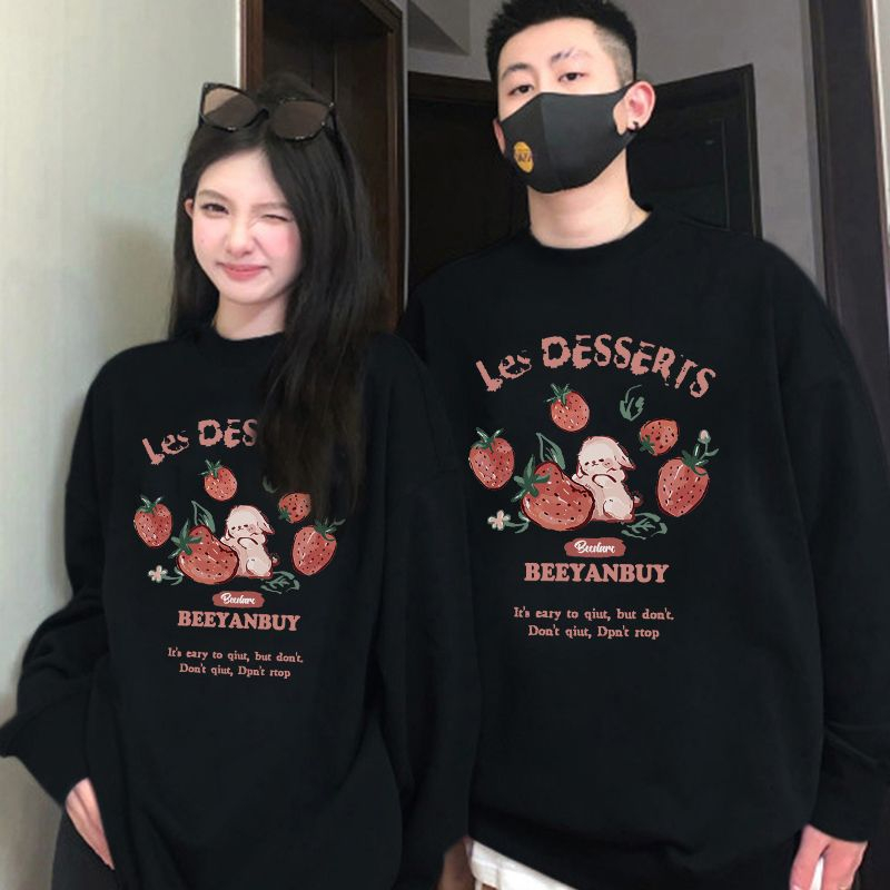ihkke Áo Khoác Nỉ Cổ Tròn Màu Đen 100% cotton In Họa Tiết Dâu Tây / Thỏ Phong Cách Hàn Quốc Thời Trang Cho Cặp Đôi