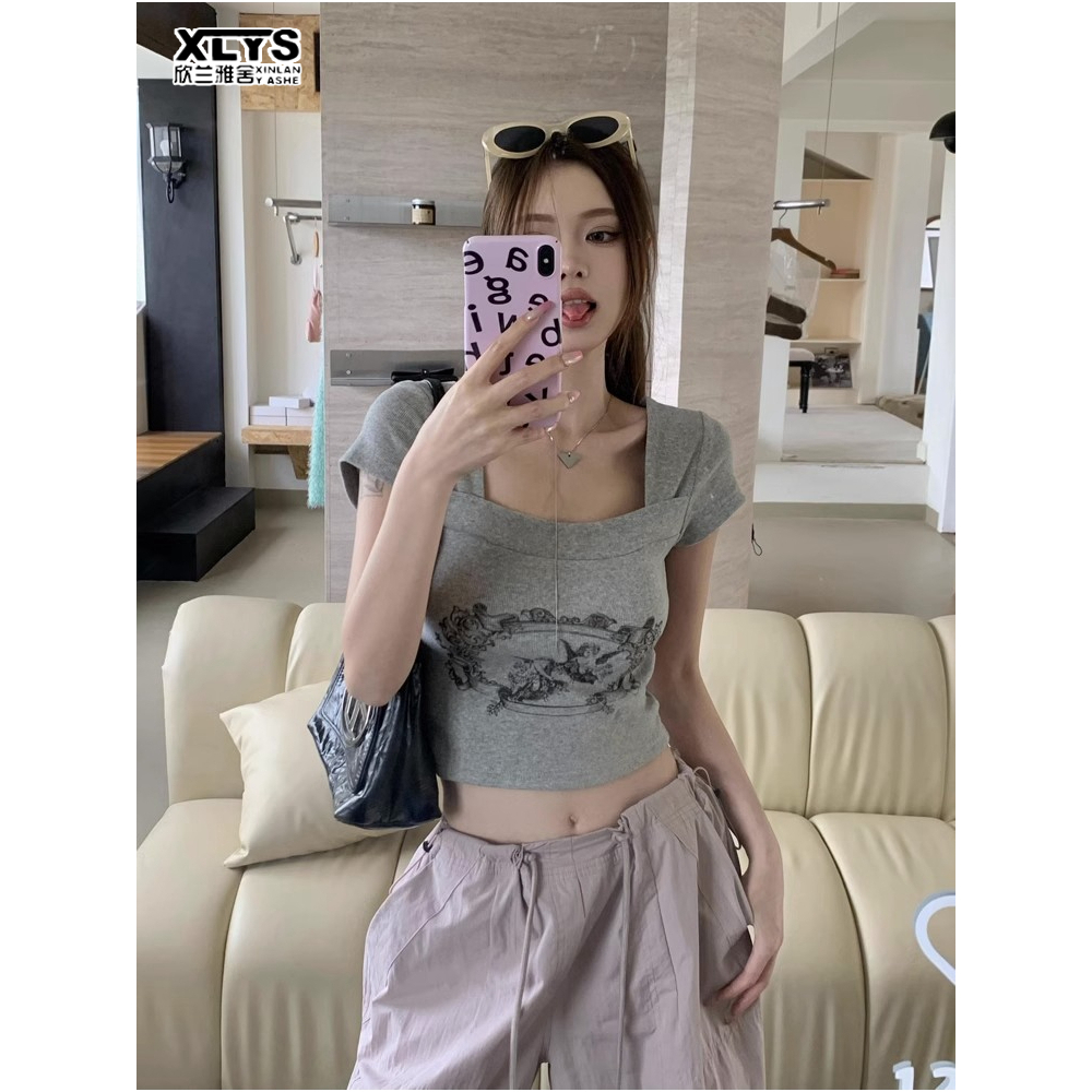 Áo Thun Tay Ngắn Cổ Vuông In Họa Tiết Thời Trang Hàn Quốc Cho Nữ