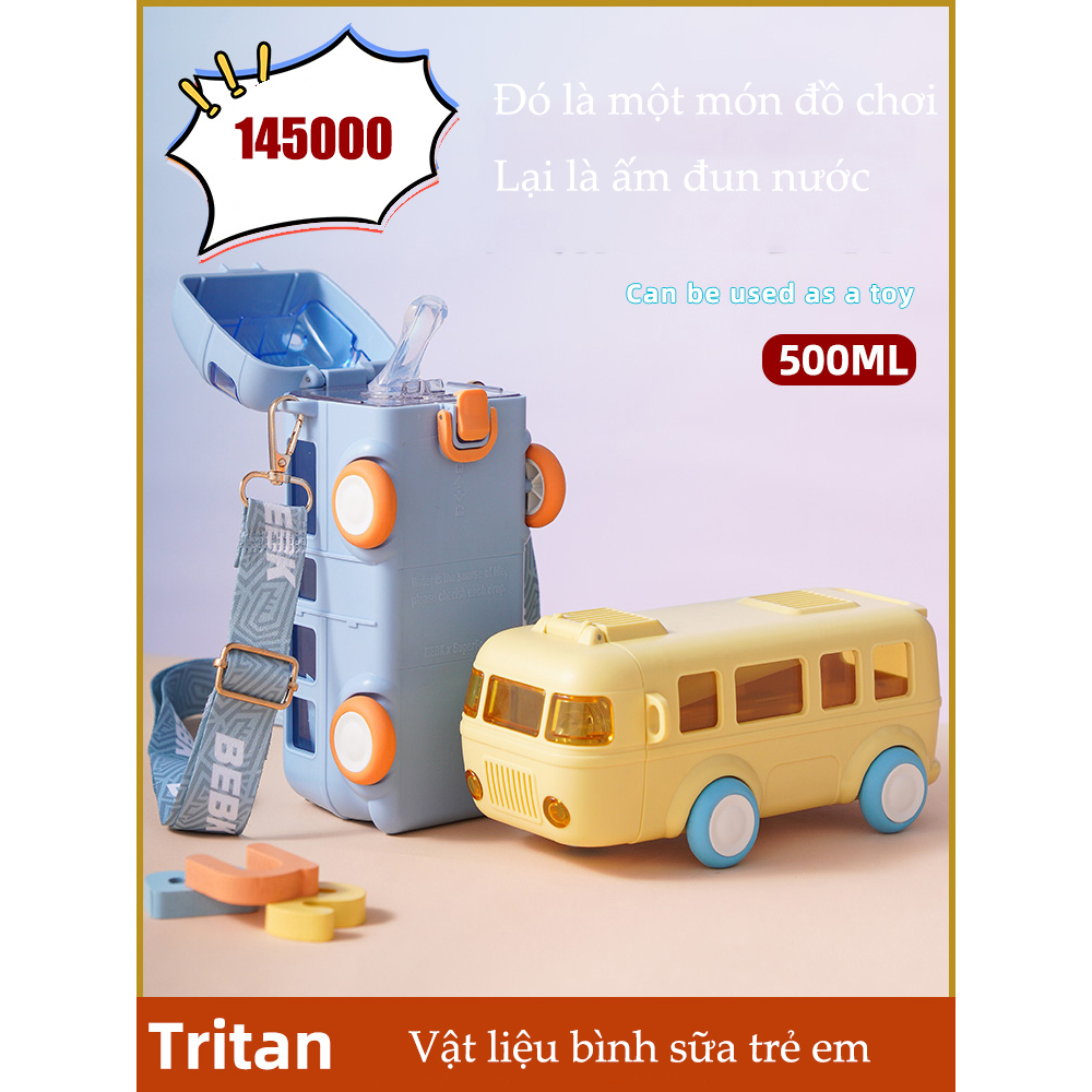 【Tại chỗ】500ML Bình Nước Kids Hình Vuông Bình Nước đôi bình Nước Hình Xe Buýt Phiên Bản Mới Có Ống Hút Xe Buýt Boys