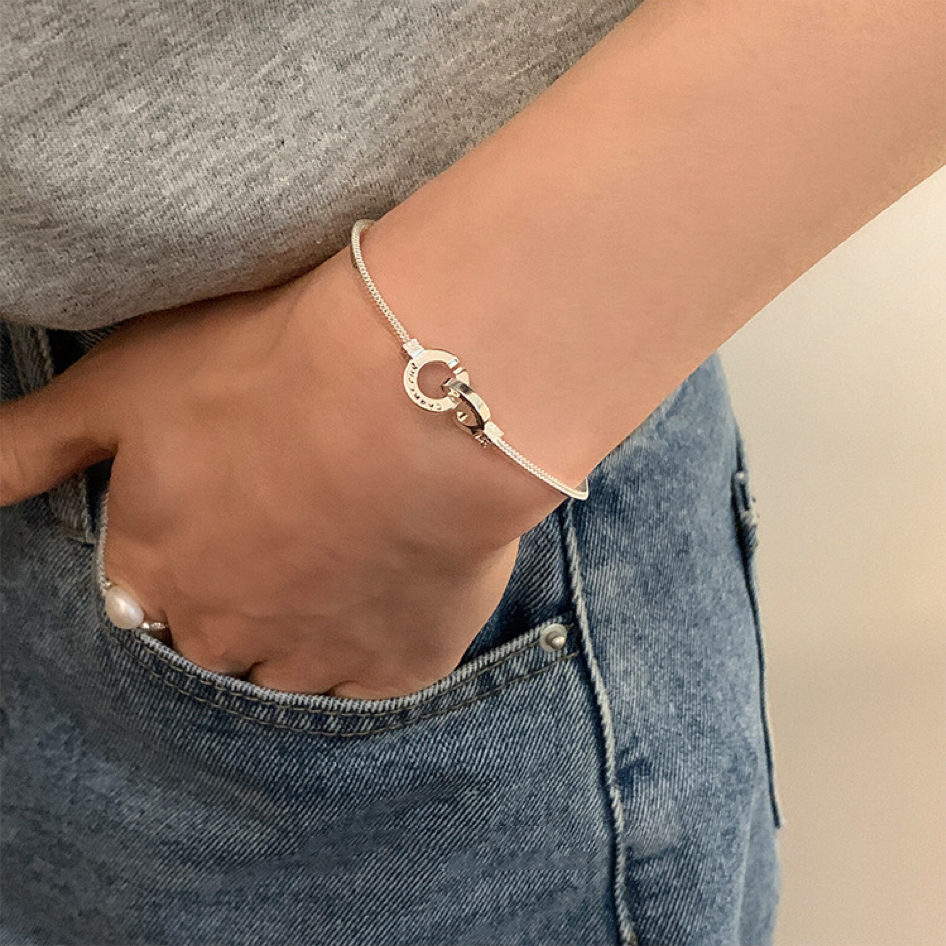 Vòng Tay Dây Xích Khóa Kép Bằng Bạc Sterling Hình Vuông Tối Giản Sang Trọng Cho Nữ