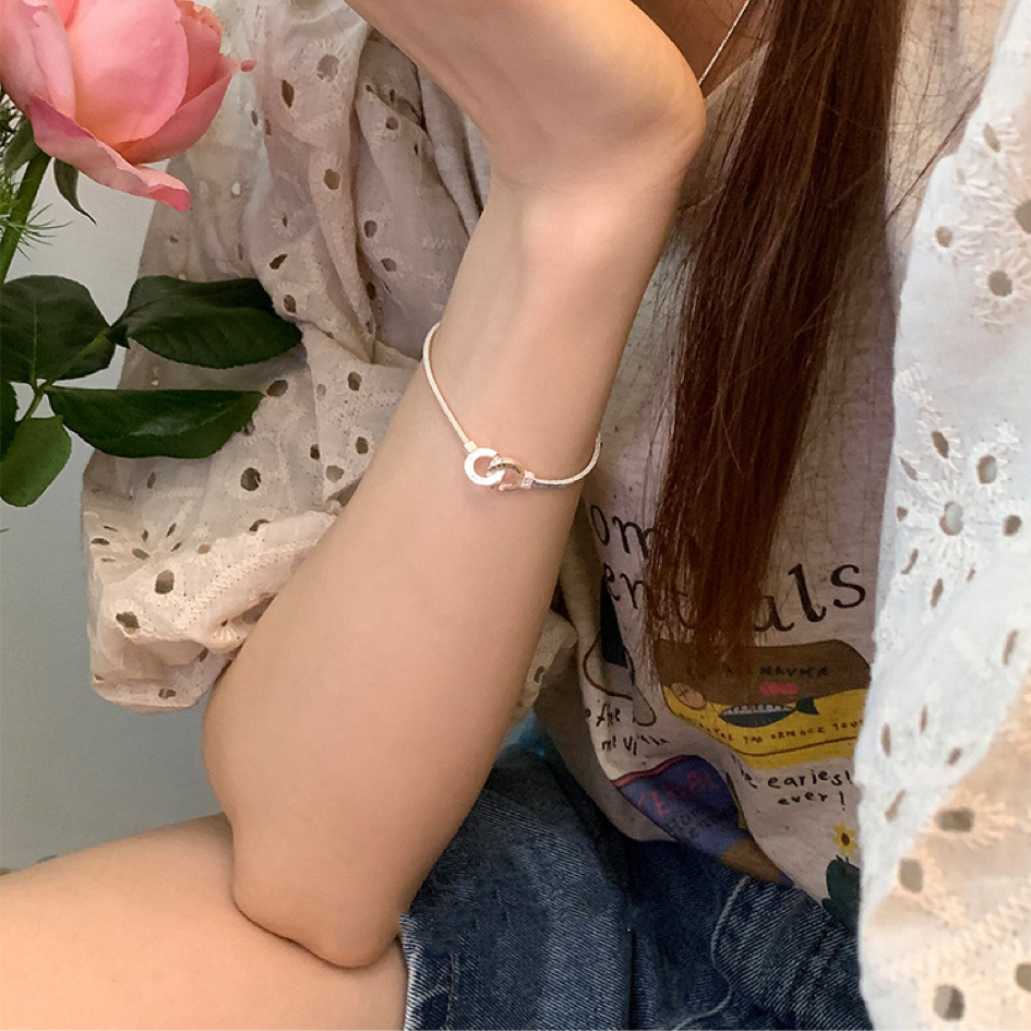 Vòng Tay Dây Xích Khóa Kép Bằng Bạc Sterling Hình Vuông Tối Giản Sang Trọng Cho Nữ