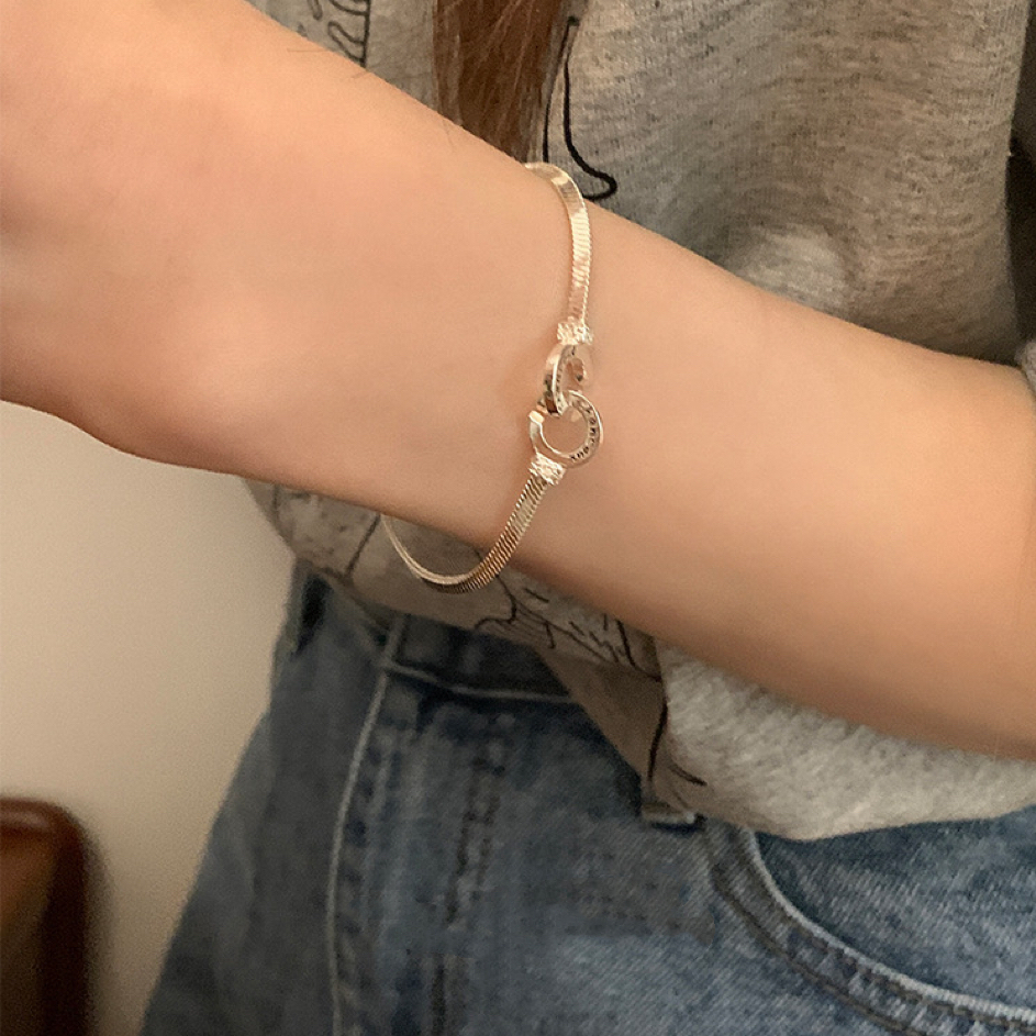 Vòng Tay Dây Xích Khóa Kép Bằng Bạc Sterling Hình Vuông Tối Giản Sang Trọng Cho Nữ