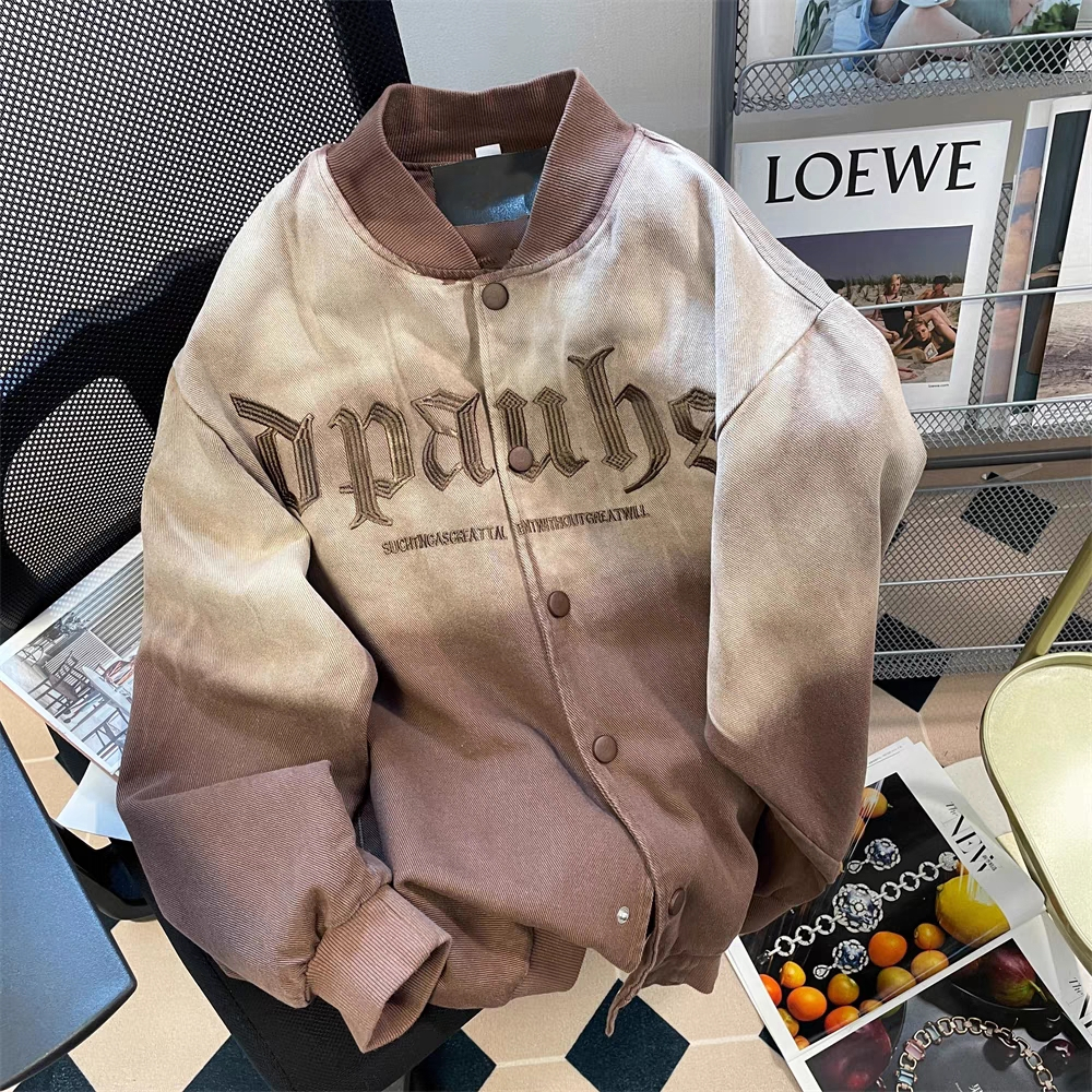 Áo Khoác Bóng Chày Tay Dài Dáng Rộng Thêu Chữ Màu Sắc Gradient Phong Cách Mỹ Cổ Điển Thời Trang Cho Nam Và Nữ