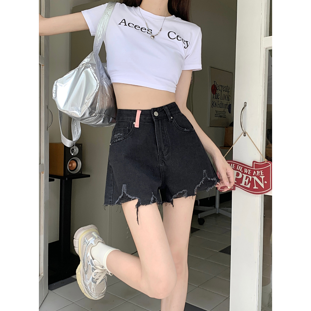 ihkke Quần Short Jeans Lưng Cao Ống Rộng Thời Trang Cho Nữ