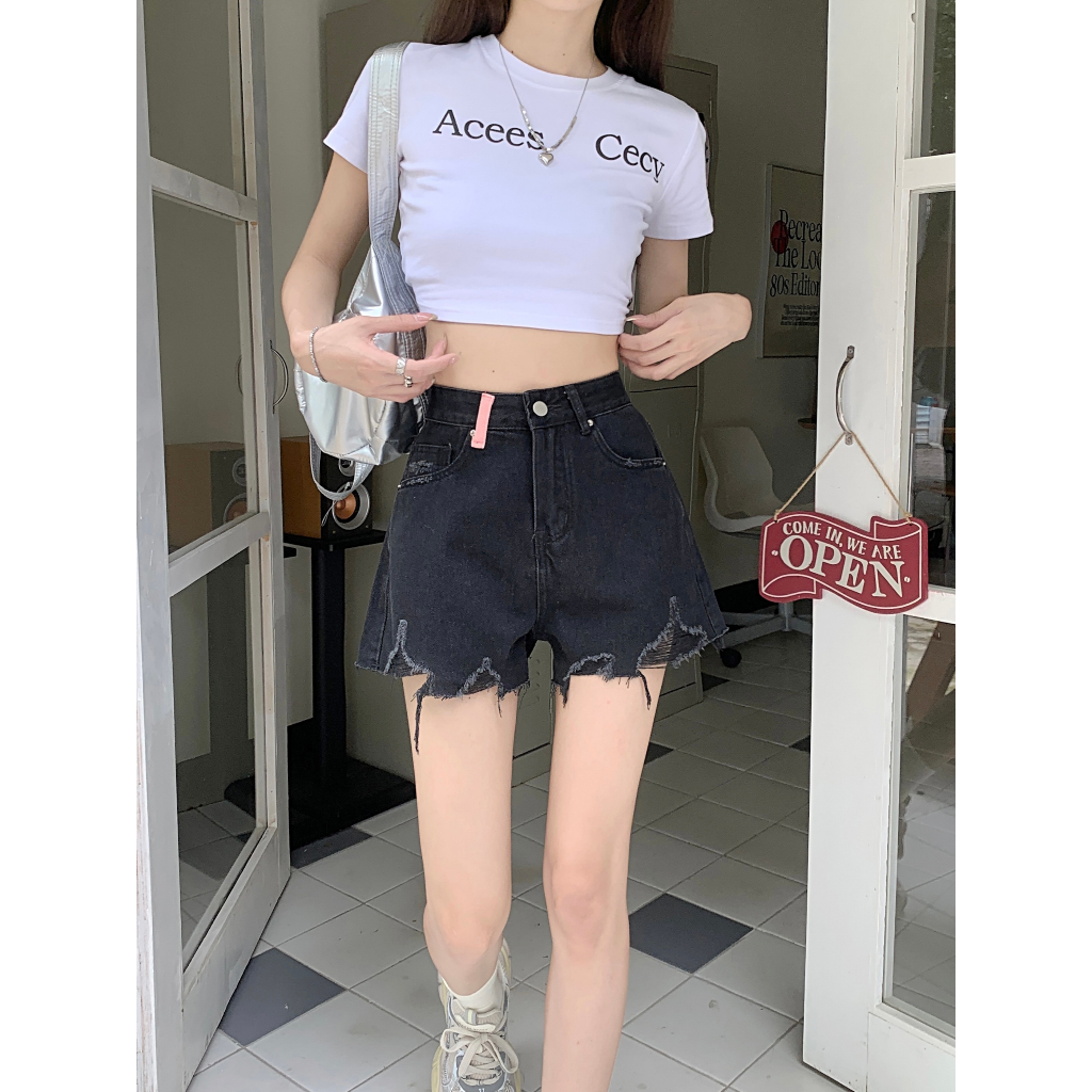 ihkke Quần Short Jeans Lưng Cao Ống Rộng Thời Trang Cho Nữ