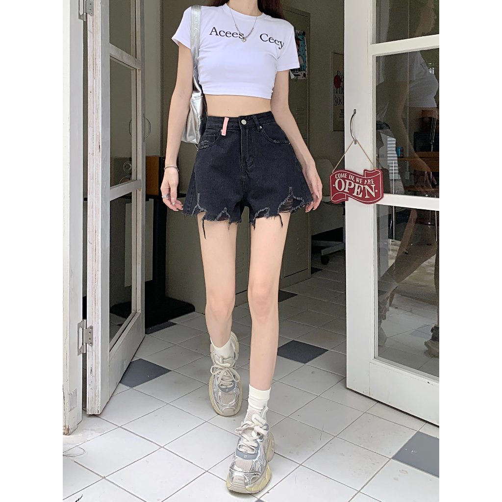 ihkke Quần Short Jeans Lưng Cao Ống Rộng Thời Trang Cho Nữ