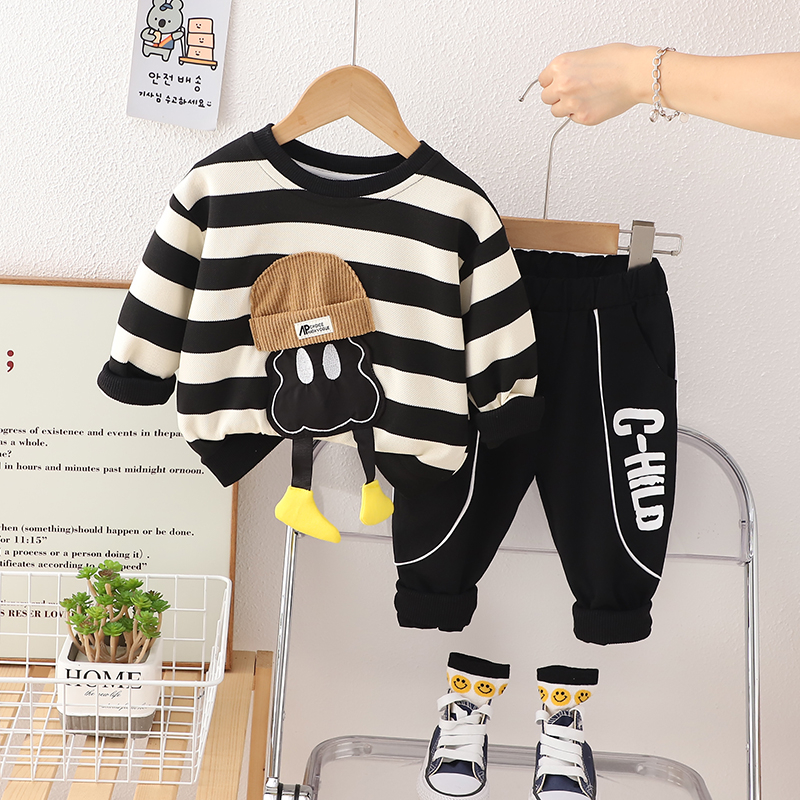 Set Đồ 2 Món Gồm Áo Thun Tay Dài In Họa Tiết Hoạt Hình Kẻ Sọc 3D + Quần Dài Thời Trang Xuân Thu Cho Bé Trai / Gái 0-5 Tuổi