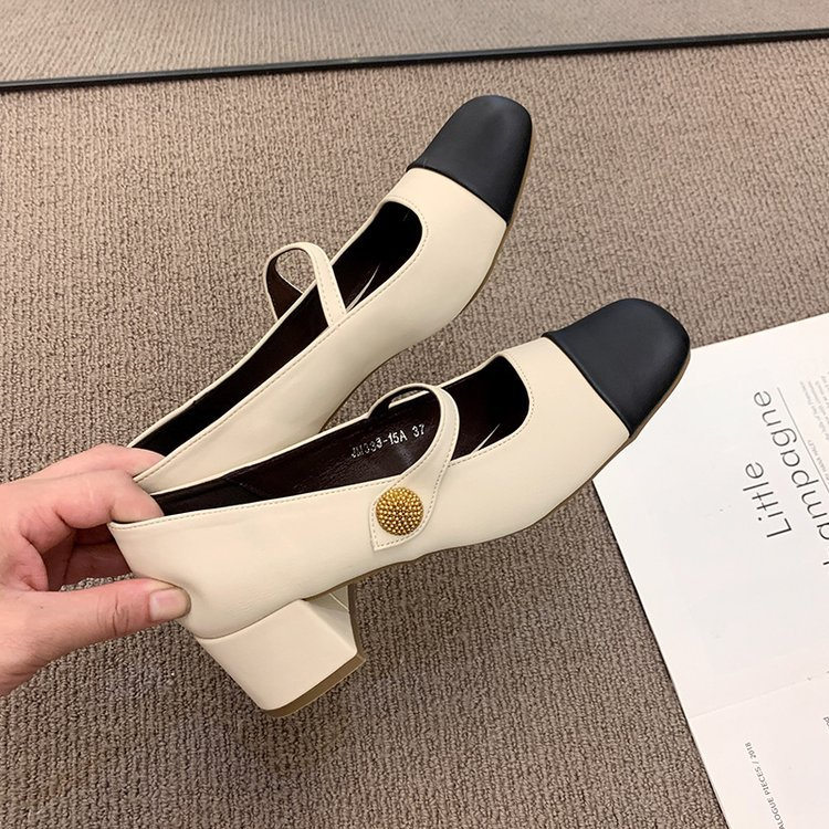 Giày Búp Bê Gót Vuông Màu Trắng Phong Cách Pháp Thanh Lịch Dễ Phối Đồ Cho Nữ