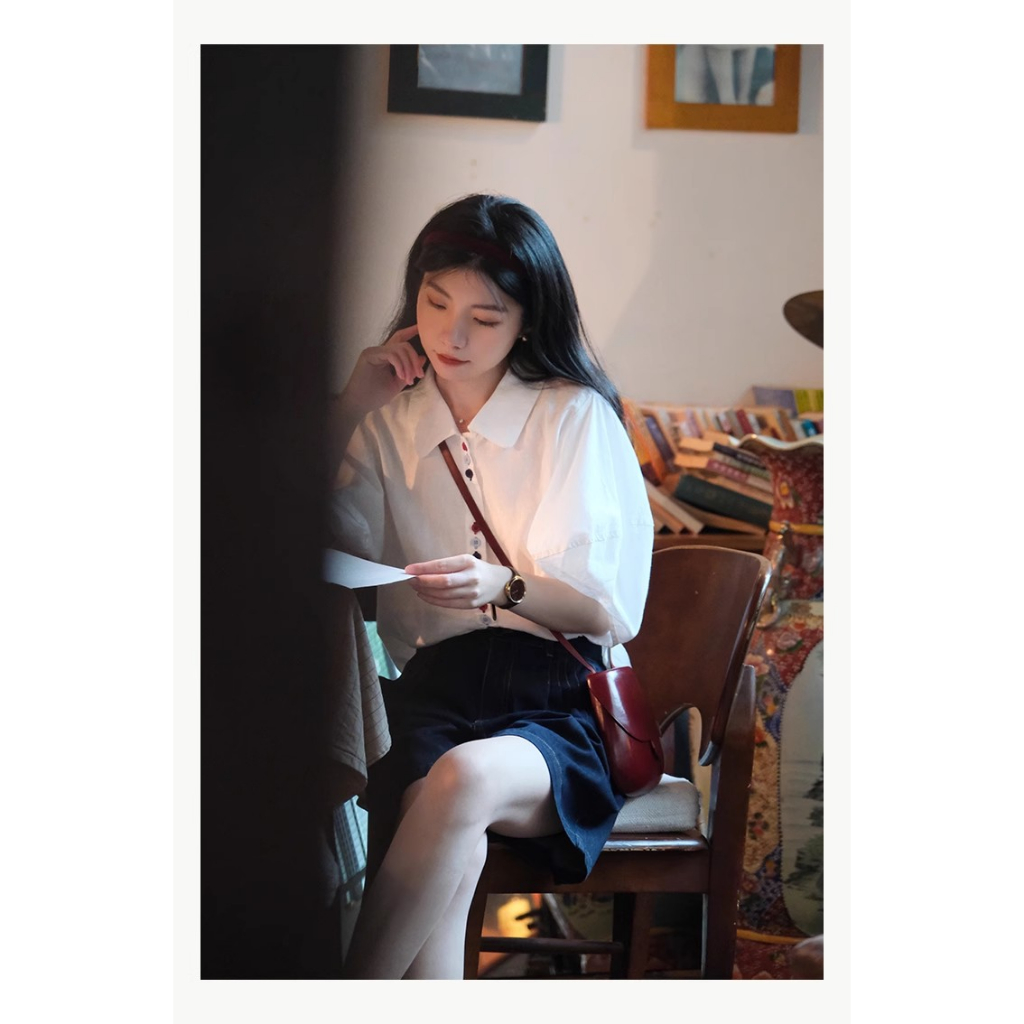 Xiaozhainv Áo Sơ Mi Tay Ngắn Dáng Rộng Màu Trắng Cài Nút Nhiều Màu Thời Trang Mùa Hè Phong Cách Hàn Quốc Cho Nữ