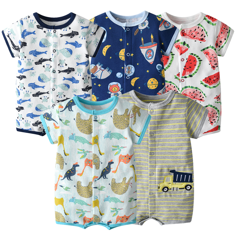 Áo Liền Quần Cotton Tay Ngắn Có Nút Bấm In Họa Tiết Hoạt Hình Dễ Thương Thời Trang Mùa Hè Cho Bé Trai 0-24