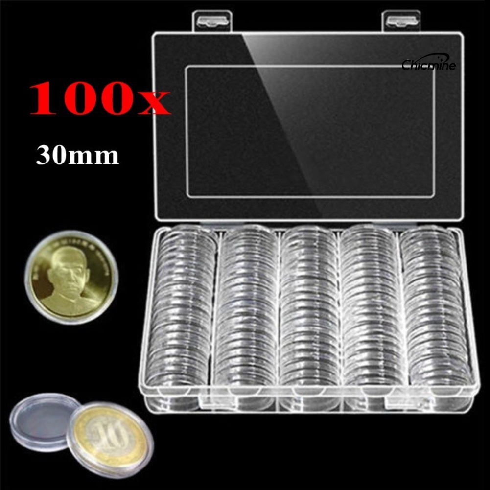 Set 100 hộp tròn Chicmine 30mm bằng nhựa đựng tiền xu sưu tầm