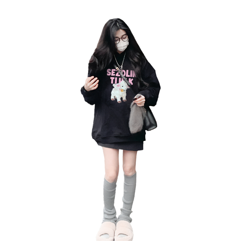 Áo hoodie Dáng Rộng Màu Đen Thời Trang Xuân Thu Dành Cho Nữ