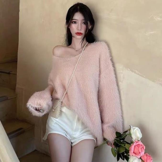 Áo sweater Dệt Kim Mềm Dáng Rộng Cổ Chữ V Thời Trang Thu Đông Cho Nữ