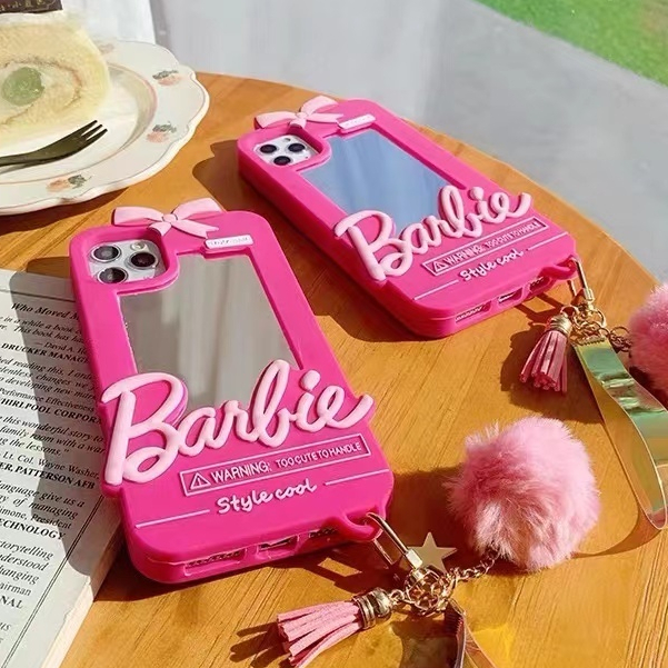 Ốp Điện Thoại Gắn Gương Trang Điểm Hình Búp Bê Barbie Màu Hồng iPhone 14 pro max 13 pro max 12pro max 11 pro max xs xr xs max 7 plus 8 plus