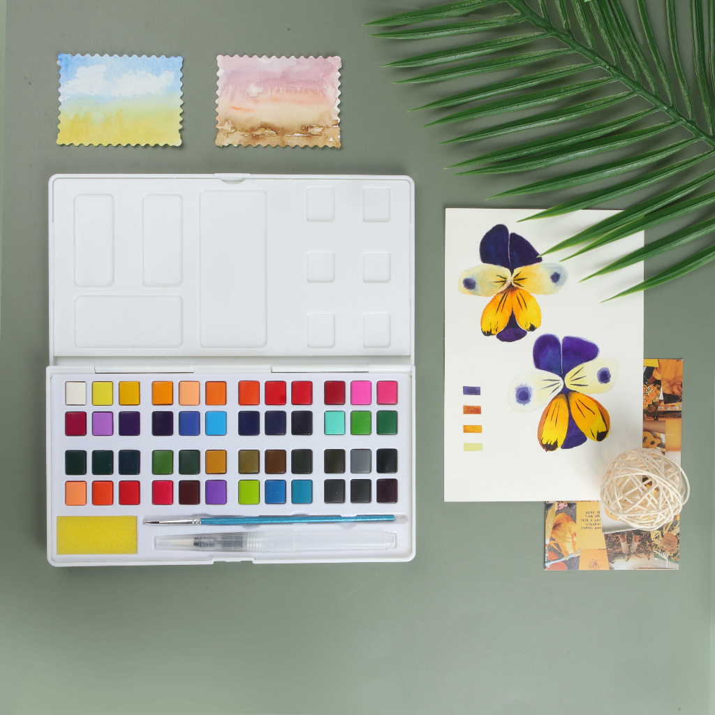 Bộ Màu Nước Đặc 48 Màu Có 2 Chiếc. Bút Lông Vẽ Màu Nước Chất Lượng Cao