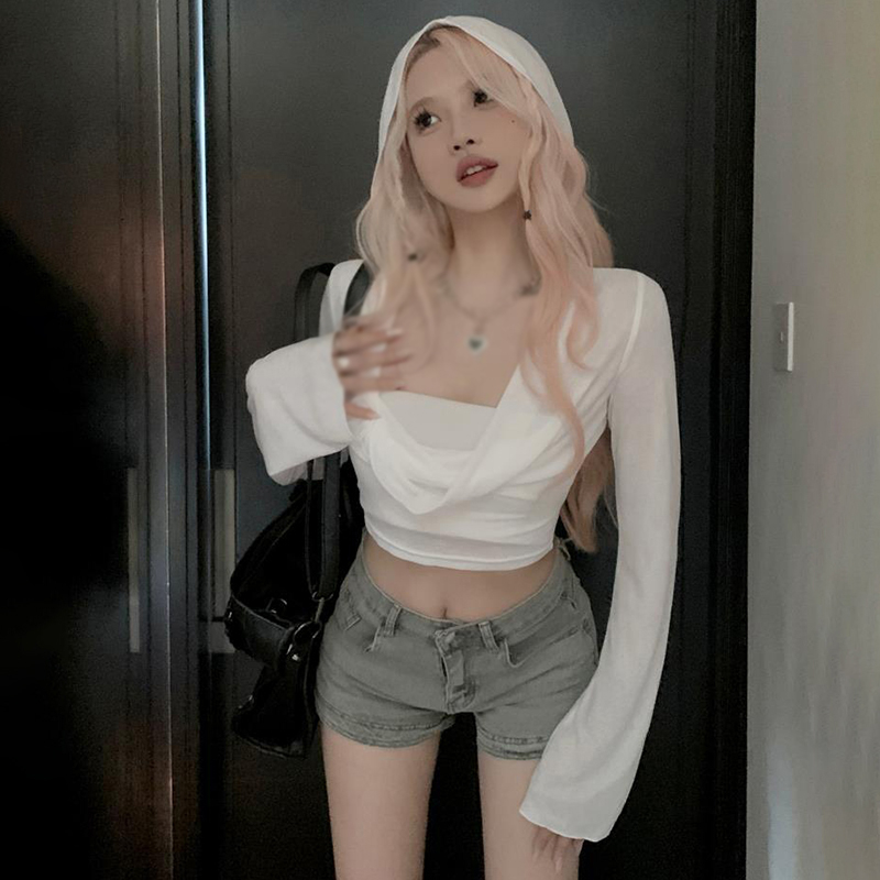 Áo Hoodie Croptop Tay Dài Màu Trơn Thời Trang Cho Nữ