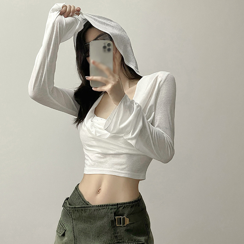 Áo Hoodie Croptop Tay Dài Màu Trơn Thời Trang Cho Nữ