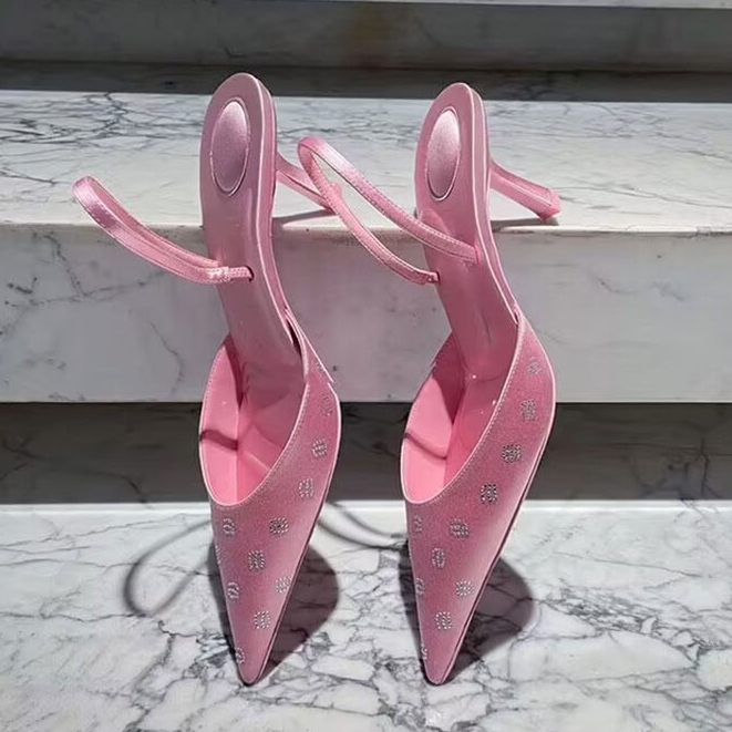 Hong Kong Premium shoes❥Giày Cao Gót Mũi Nhọn Bằng satin Đính Đá Thời Trang Dành Cho Nữ