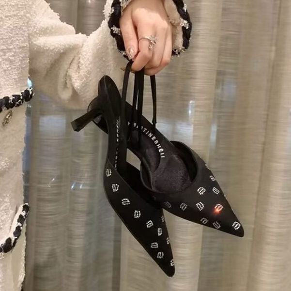 Hong Kong Premium shoes❥Giày Cao Gót Mũi Nhọn Bằng satin Đính Đá Thời Trang Dành Cho Nữ