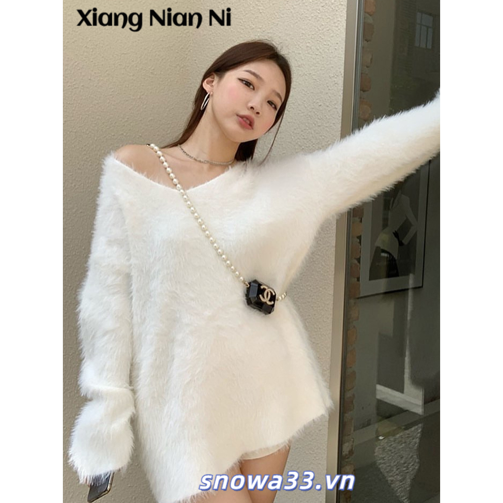 Áo sweater Dệt Kim Mềm Dáng Rộng Cổ Chữ V Thời Trang Thu Đông Cho Nữ