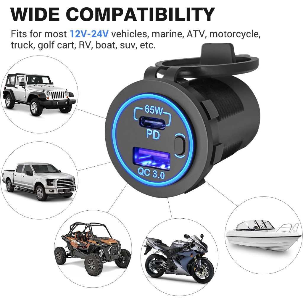 Bộ Sạc Laptop 12V 65W USB-C PD3.0 Và 18W QC3.0 Cổng USB Có Công Tắc Cho Xe Hơi / Tàu Thuyền / Xe Buýt / Xe Tải /