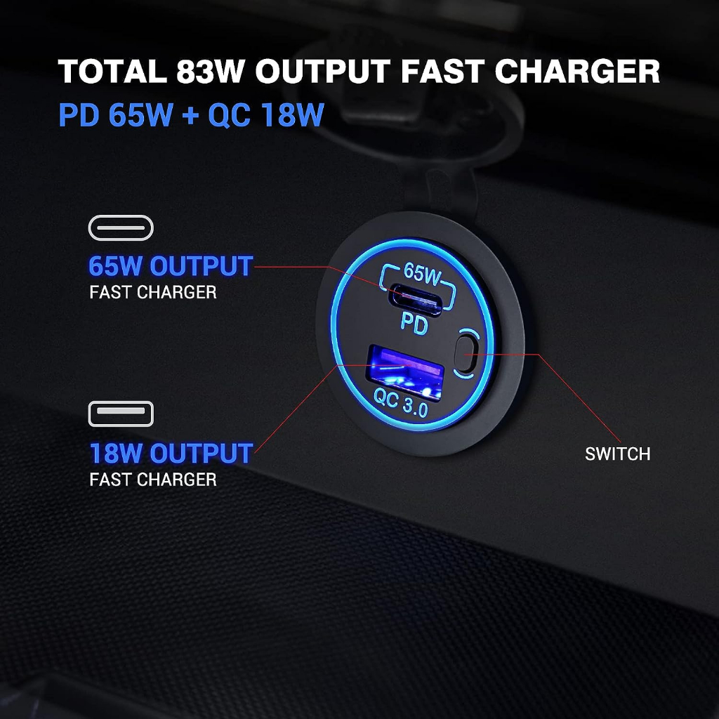 Bộ Sạc Laptop 12V 65W USB-C PD3.0 Và 18W QC3.0 Cổng USB Có Công Tắc Cho Xe Hơi / Tàu Thuyền / Xe Buýt / Xe Tải /