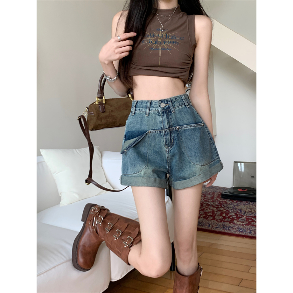 NUZIRO Quần Short Denim Lưng Cao Ống Rộng Thời Trang Hàn Quốc Cho Nữ
