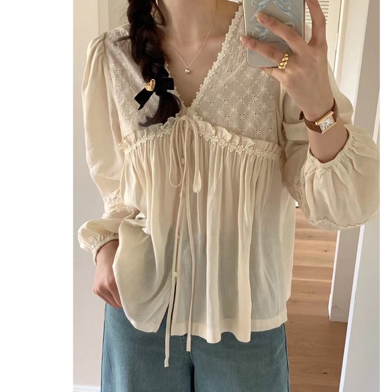 Áo Sơ Mi Cổ V Dài Tay Phong Cách Retro Sành Điệu 66076