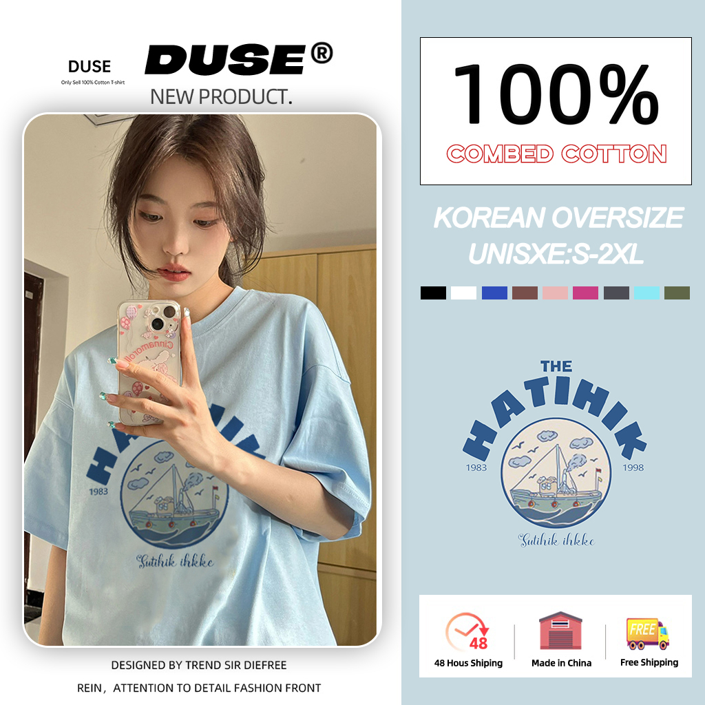 「DUSE」Áo Thun 100% cotton Tay Ngắn Dáng Rộng In Chữ Hoạt Hình Màu Xanh Dương Phong Cách Hàn Quốc Thời Trang Mùa Hè