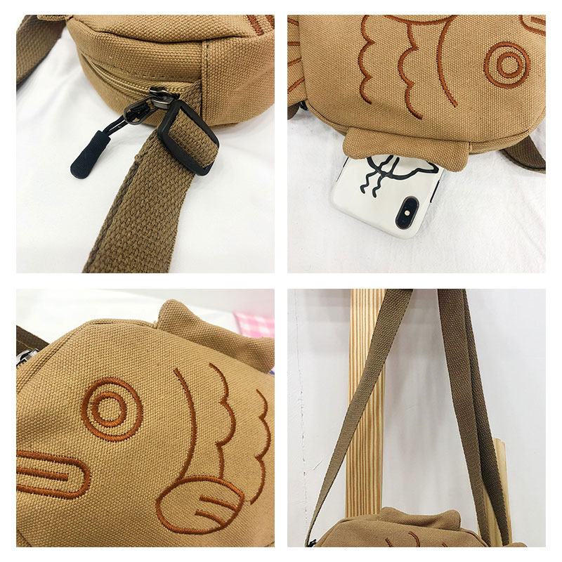 Túi canvas hoạt hình cho nữ Túi Messenger cá xấu xí dễ thương của Nhật Bản Mẫu thêu nữ tính