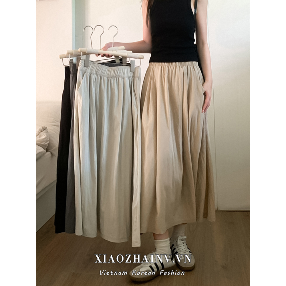 Xiaozhainv Chân Váy Dài Chữ A Lưng Cao Co Giãn Phong Cách Vintage Thời Trang 4 Màu Tùy Chọn