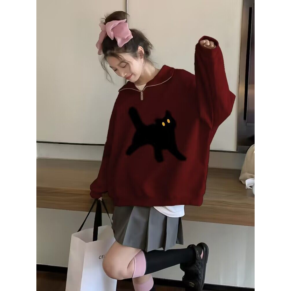 Áo sweater cổ polo phối nửa khóa kéo dáng rộng oversize màu đỏ rượu vang cho nữ