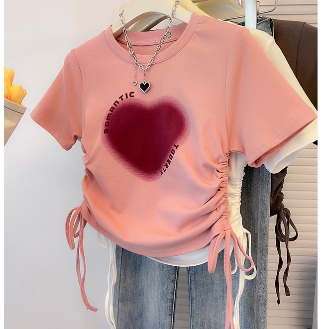Áo Thun Cotton Tay Ngắn Phối Dây Rút Co Giãn Tốt Phong Cách Hàn Quốc Thời Trang Cho Nữ 210g