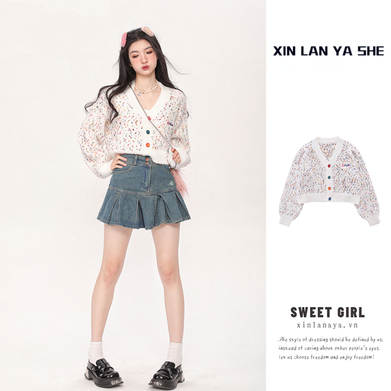 XIN LAN YA SHE Áo Khoác Cardigan Dệt Kim Dáng Rộng Ngắn Cổ Chữ V Gợn Sóng Phong Cách Giai Điệu Thời Trang Hàn Quốc Cho Nữ