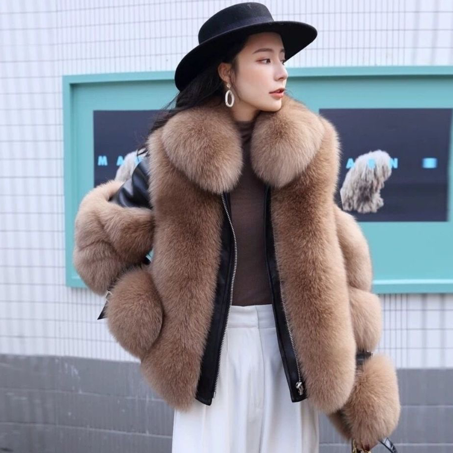 2023 mùa đông mới faux fox fur áo khoác nữ thời trang ngắn ấm áp áo khoác nữ đi xe đạp màu tinh khiết áo khoác cô gái cotton