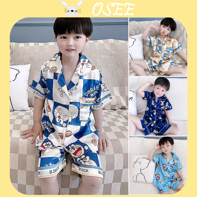 Bộ Đồ Ngủ Ngắn Tay Bằng Lụa Mát Họa Tiết Hoạt Hình Thời Trang Mùa Hè Cho Trẻ Em 1-15 Tuổi
